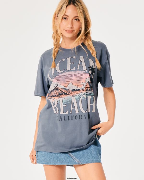 t-shirt graphique oversize ocean beach california femmes bleu Hollister hauts RRRJX10