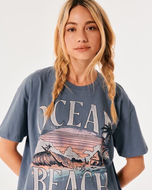 t-shirt graphique oversize ocean beach california femmes bleu Hollister hauts RRRJX10
