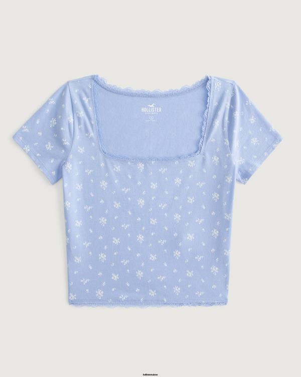 t-shirt pour bébé à col carré et bords en dentelle femmes fleuri bleu clair Hollister hauts RRRJX346