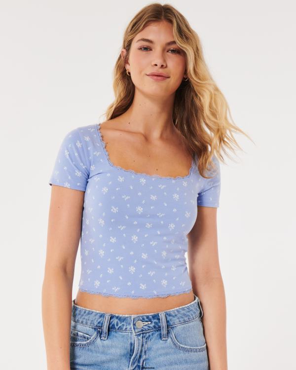 t-shirt pour bébé à col carré et bords en dentelle femmes fleuri bleu clair Hollister hauts RRRJX346