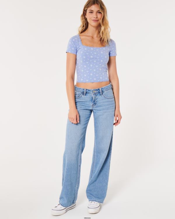 t-shirt pour bébé à col carré et bords en dentelle femmes fleuri bleu clair Hollister hauts RRRJX346