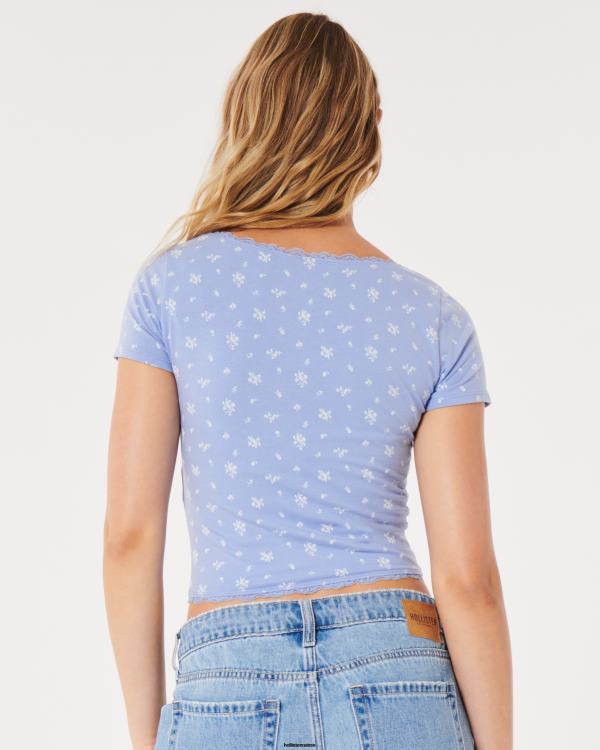 t-shirt pour bébé à col carré et bords en dentelle femmes fleuri bleu clair Hollister hauts RRRJX346