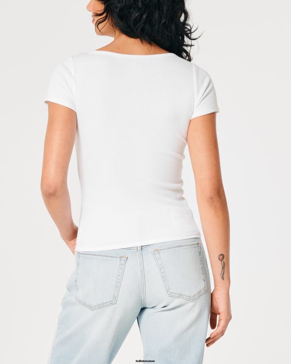 col tunisien à manches courtes femmes blanc Hollister hauts RRRJX394