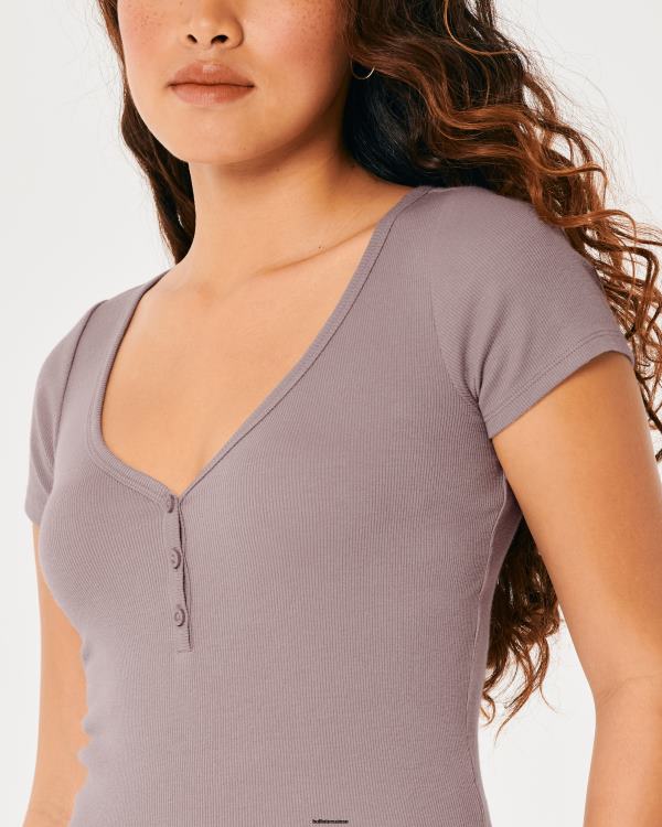 col tunisien à manches courtes femmes gris violet Hollister hauts RRRJX87