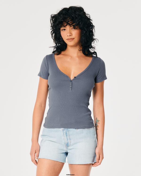 col tunisien à manches courtes femmes marine Hollister hauts RRRJX419
