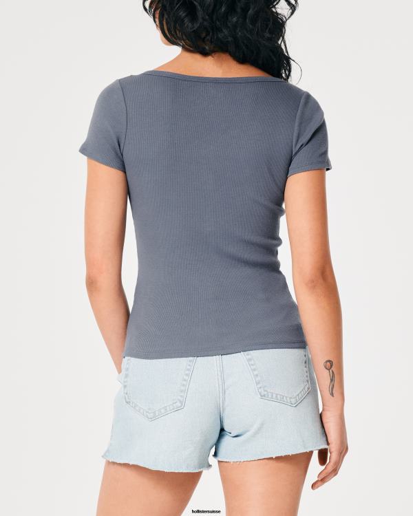 col tunisien à manches courtes femmes marine Hollister hauts RRRJX419