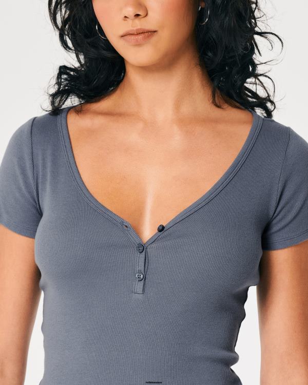 col tunisien à manches courtes femmes marine Hollister hauts RRRJX419