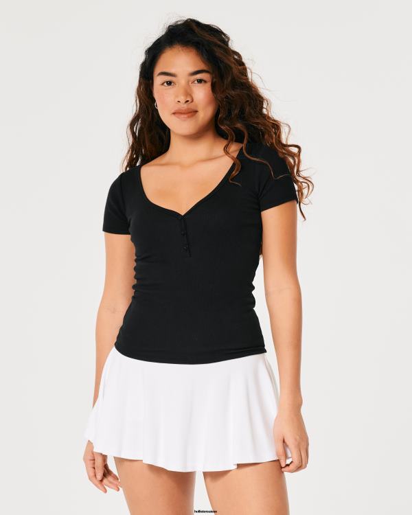 col tunisien à manches courtes femmes noir Hollister hauts RRRJX167