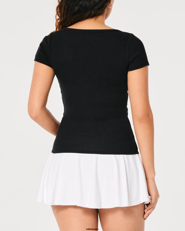 col tunisien à manches courtes femmes noir Hollister hauts RRRJX167