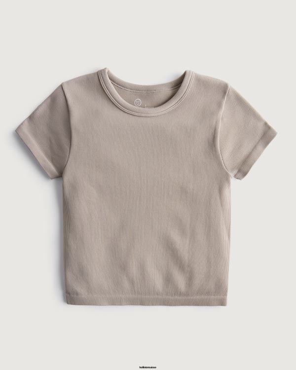 gilly hicks t-shirt ras du cou actif sans coutures femmes taupe Hollister hauts RRRJX309