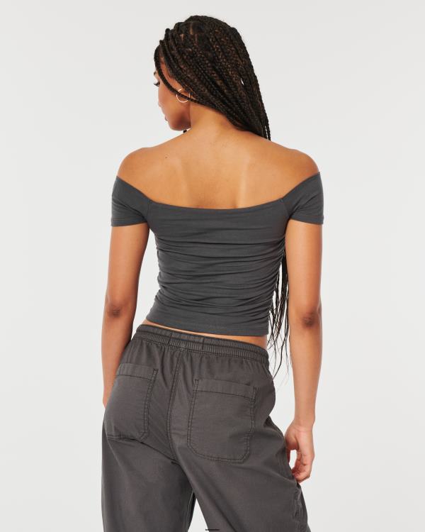 haut froncé à épaules dénudées femmes gris foncé Hollister hauts RRRJX141