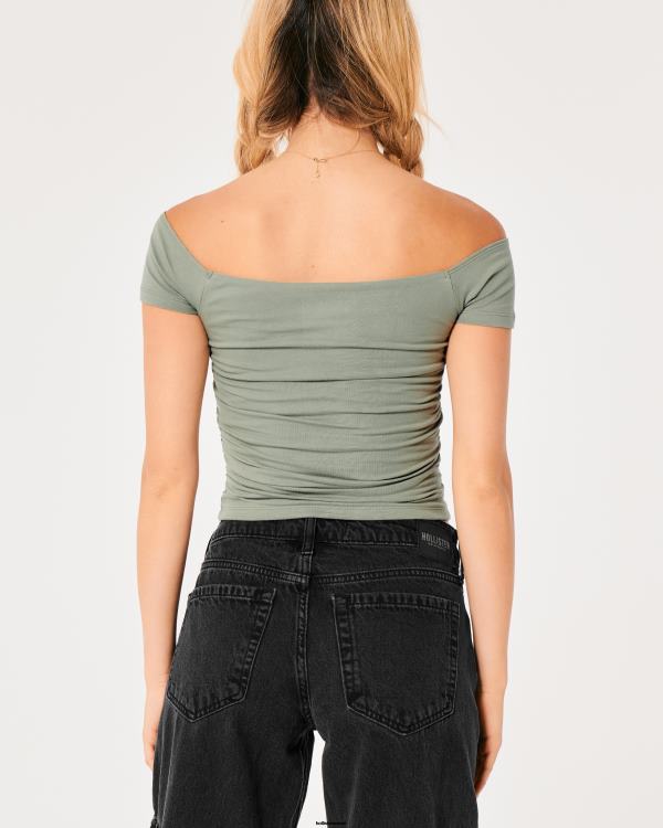 haut froncé à épaules dénudées femmes olive verte Hollister hauts RRRJX103