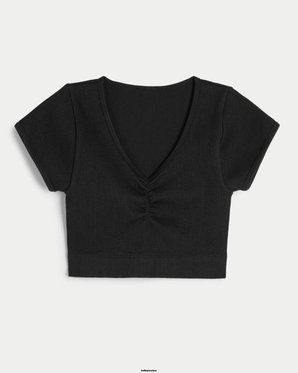 haut gilly hicks côtelé sans coutures avec ceinture sur le devant femmes noir Hollister hauts RRRJX248