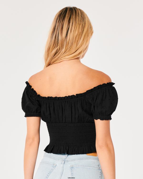 haut à taille smockée sur ou hors de l\'épaule femmes noir Hollister hauts RRRJX107