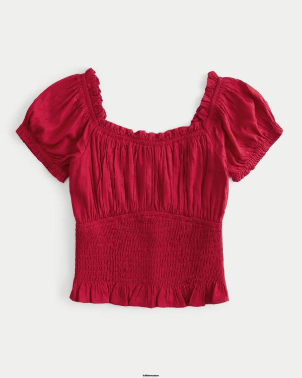 haut à taille smockée sur ou hors de l'épaule femmes rouge Hollister hauts RRRJX184