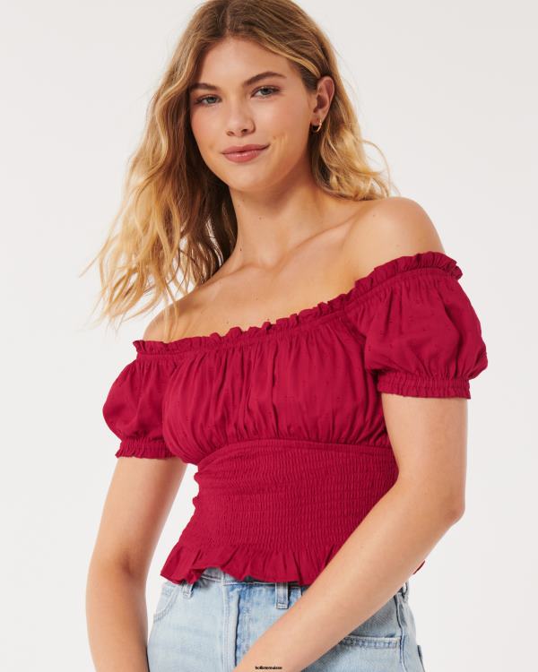 haut à taille smockée sur ou hors de l\'épaule femmes rouge Hollister hauts RRRJX184