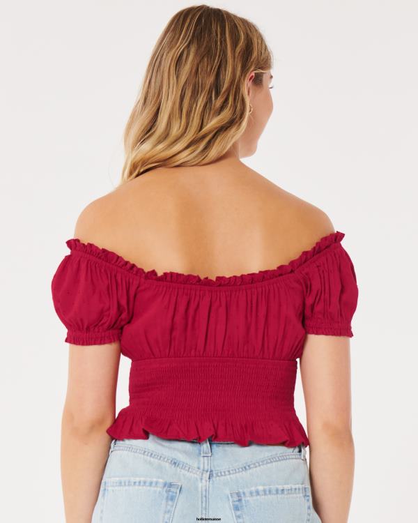 haut à taille smockée sur ou hors de l\'épaule femmes rouge Hollister hauts RRRJX184