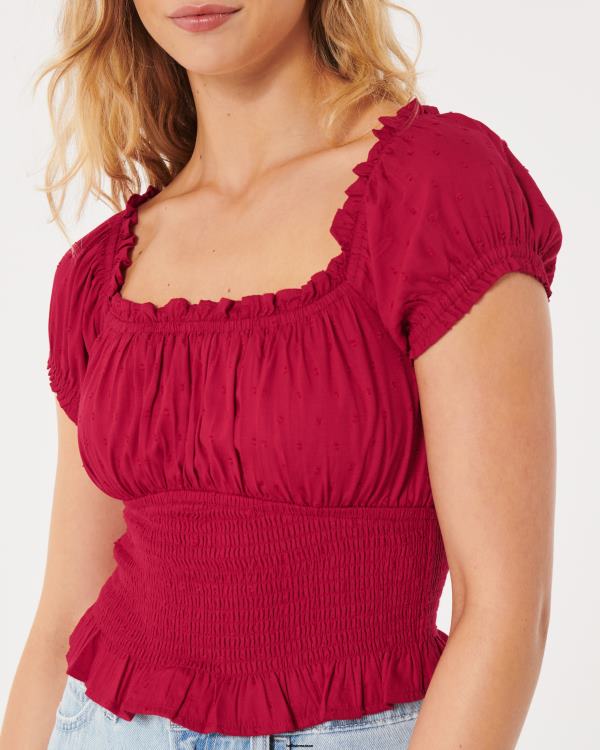 haut à taille smockée sur ou hors de l\'épaule femmes rouge Hollister hauts RRRJX184