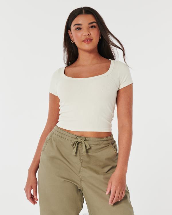 t-shirt bébé côtelé à encolure dégagée femmes crème Hollister hauts RRRJX228