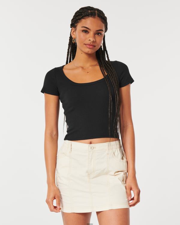 t-shirt bébé côtelé à encolure dégagée femmes noir Hollister hauts RRRJX72