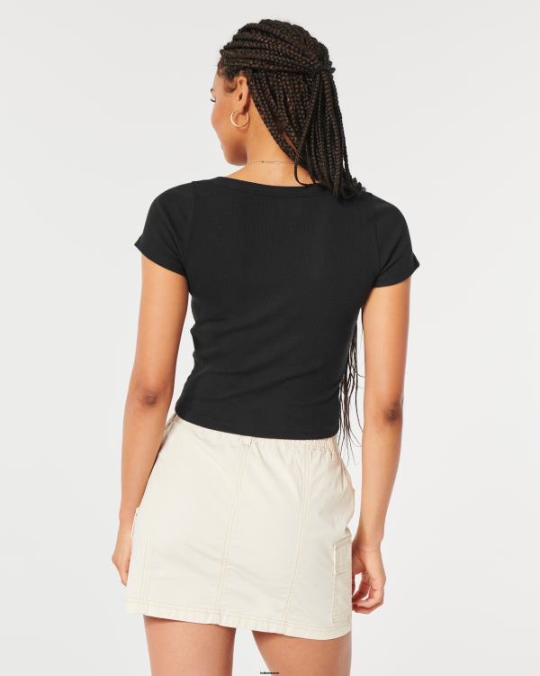 t-shirt bébé côtelé à encolure dégagée femmes noir Hollister hauts RRRJX72