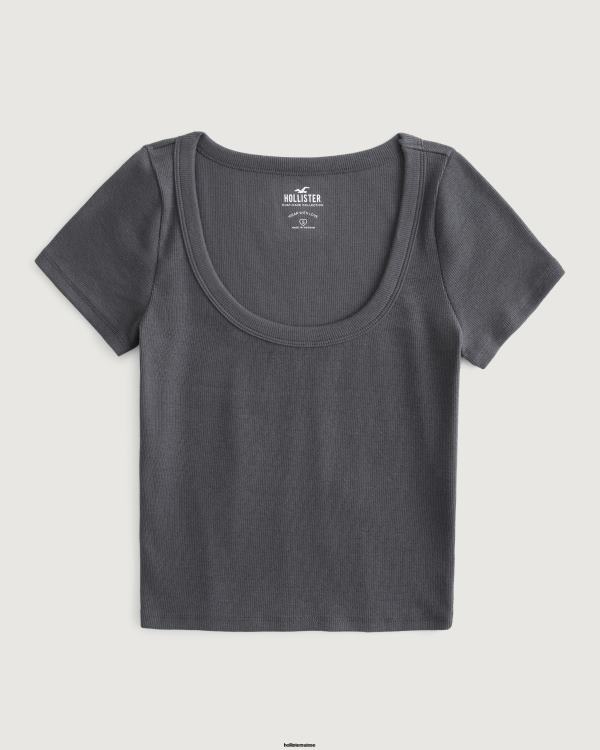t-shirt bébé côtelé à encolure dégagée femmes plat gris foncé Hollister hauts RRRJX270