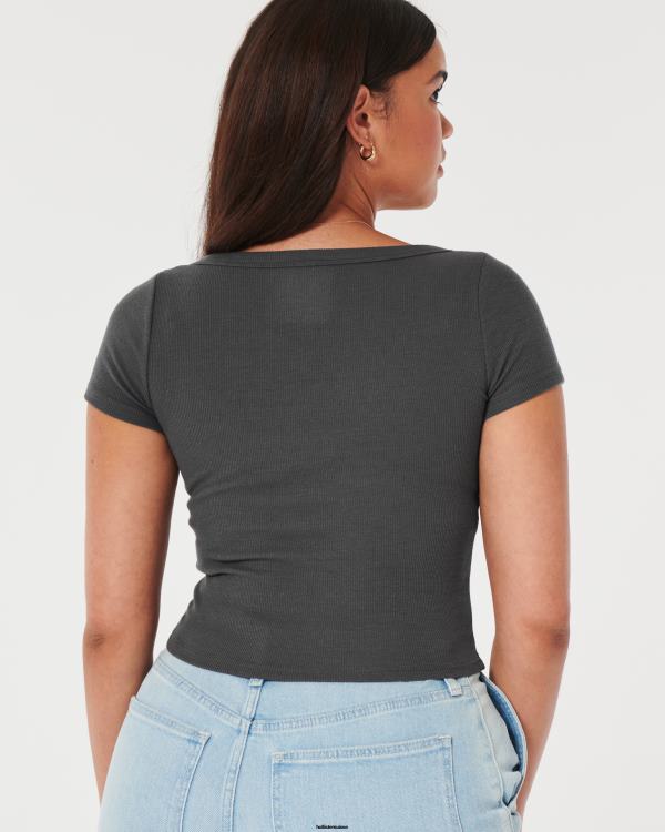 t-shirt bébé côtelé à encolure dégagée femmes plat gris foncé Hollister hauts RRRJX270