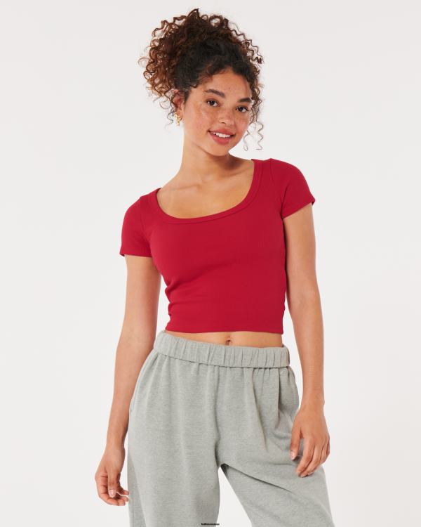 t-shirt bébé côtelé à encolure dégagée femmes rouge Hollister hauts RRRJX190