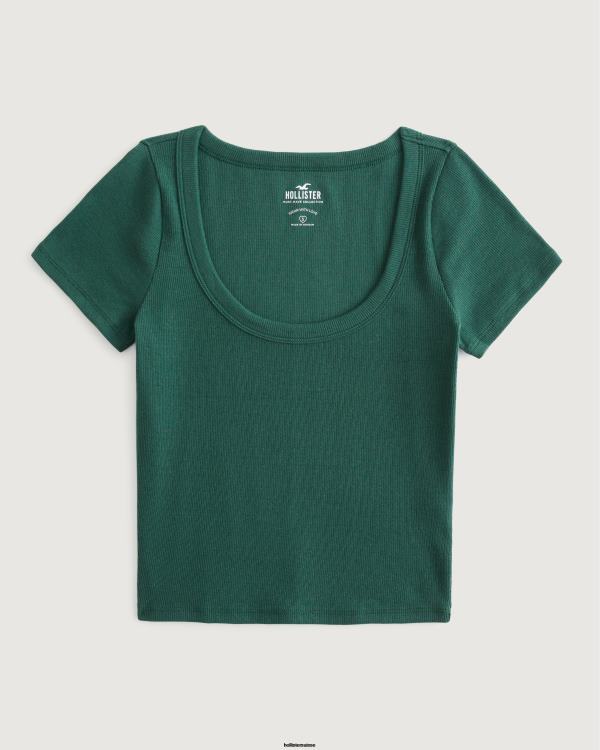 t-shirt bébé côtelé à encolure dégagée femmes vert foncé Hollister hauts RRRJX212