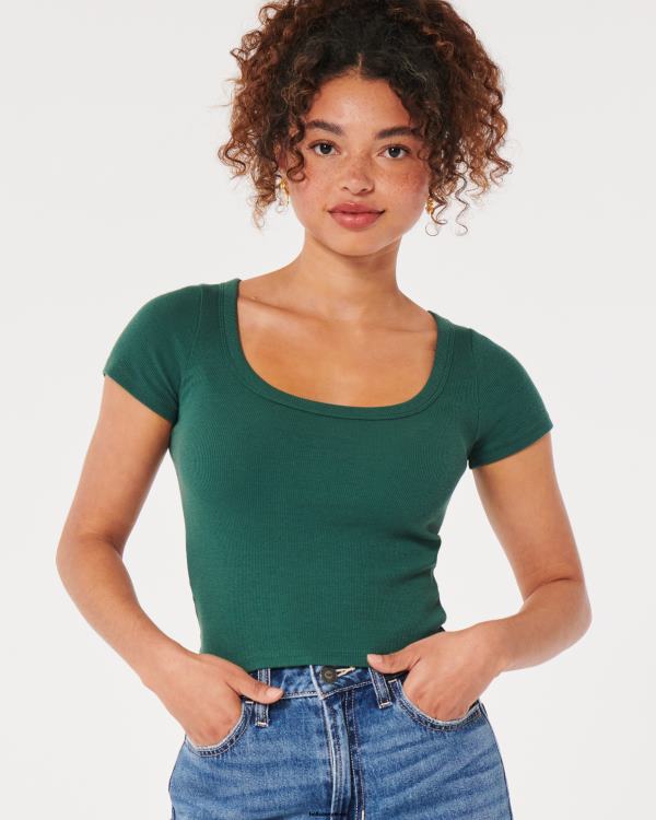 t-shirt bébé côtelé à encolure dégagée femmes vert foncé Hollister hauts RRRJX212