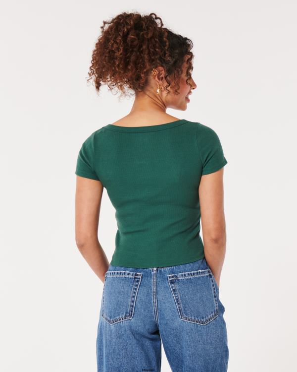 t-shirt bébé côtelé à encolure dégagée femmes vert foncé Hollister hauts RRRJX212