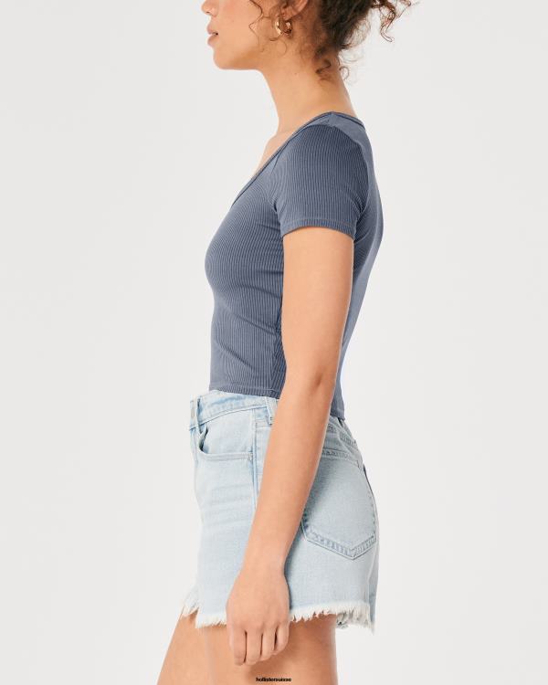 t-shirt bébé chéri en tissu côtelé sans couture femmes bleu Hollister hauts RRRJX280