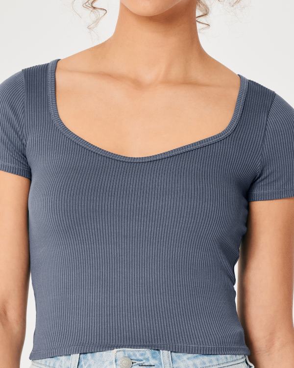 t-shirt bébé chéri en tissu côtelé sans couture femmes bleu Hollister hauts RRRJX280