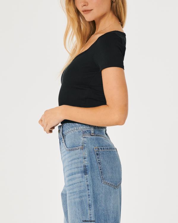 t-shirt bébé chéri en tissu côtelé sans couture femmes noir Hollister hauts RRRJX224