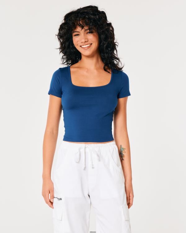 t-shirt bébé à col carré en tissu sans couture femmes bleu Hollister hauts RRRJX71