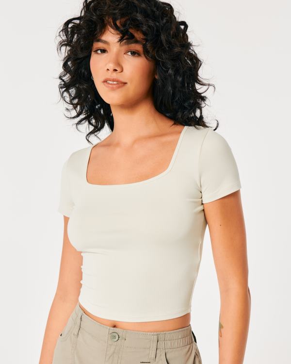 t-shirt bébé à col carré en tissu sans couture femmes crème Hollister hauts RRRJX197