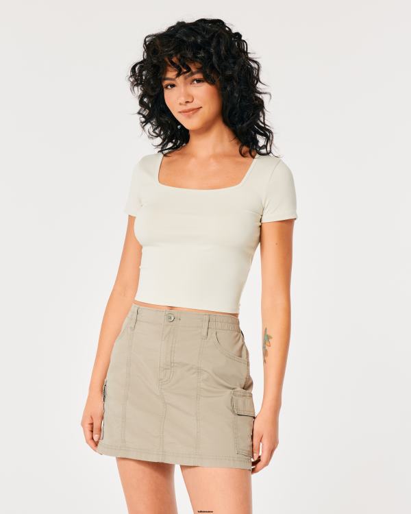 t-shirt bébé à col carré en tissu sans couture femmes crème Hollister hauts RRRJX197