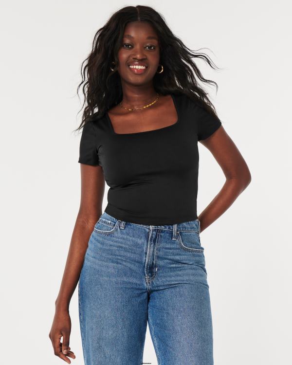 t-shirt bébé à col carré en tissu sans couture femmes noir Hollister hauts RRRJX67