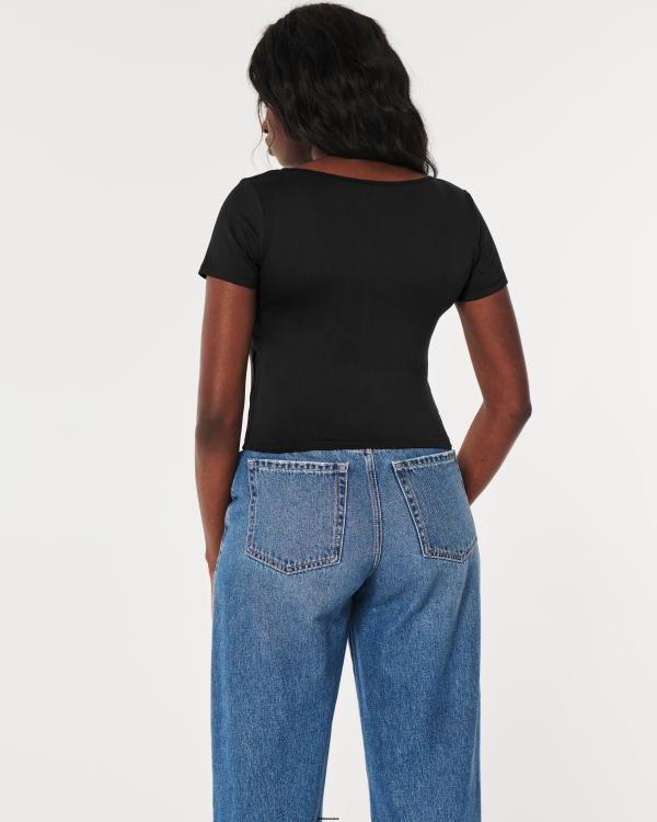 t-shirt bébé à col carré en tissu sans couture femmes noir Hollister hauts RRRJX67