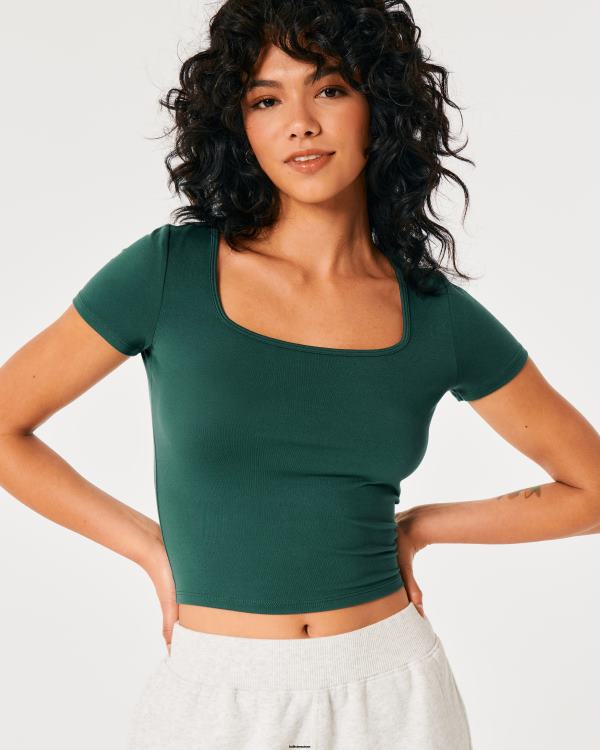 t-shirt bébé à col carré en tissu sans couture femmes vert Hollister hauts RRRJX148