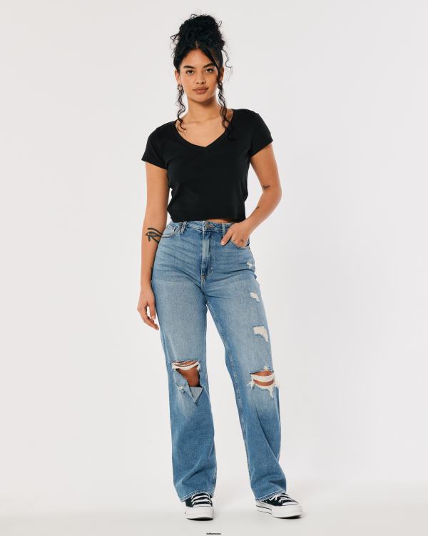 t-shirt bébé à col en v femmes noir Hollister hauts RRRJX275