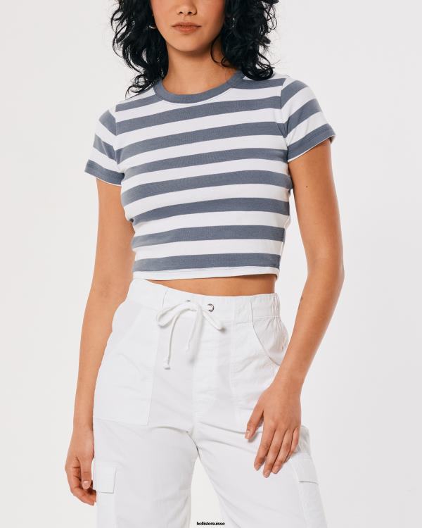 t-shirt bébé en coton femmes bande blanche et bleue Hollister hauts RRRJX297