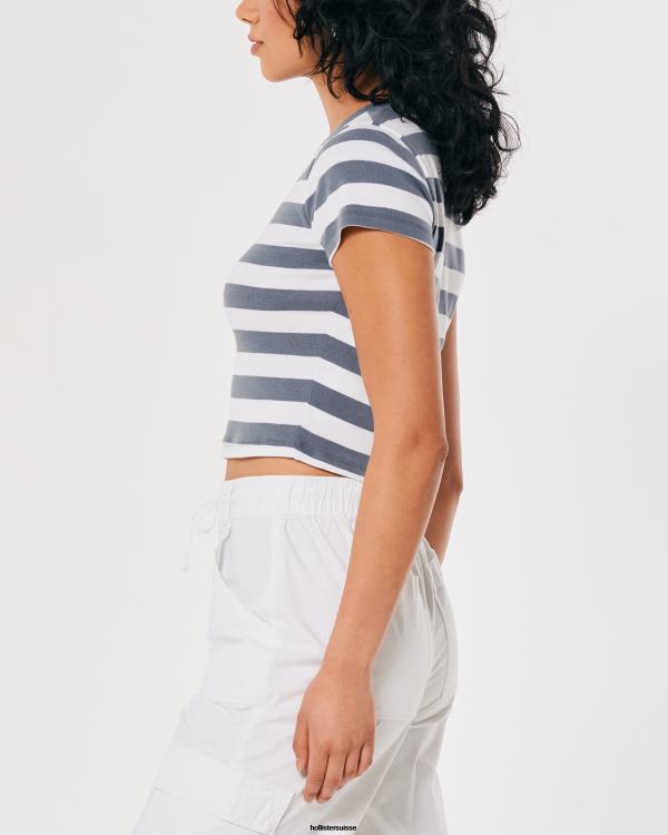 t-shirt bébé en coton femmes bande blanche et bleue Hollister hauts RRRJX297