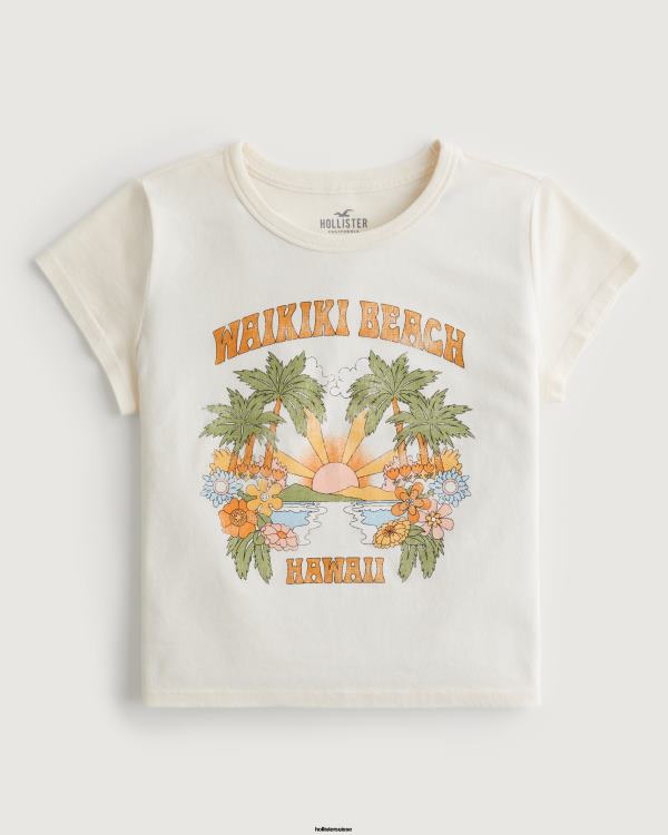 t-shirt bébé graphique décontracté waikiki beach hawaii femmes crème et orange Hollister hauts RRRJX147