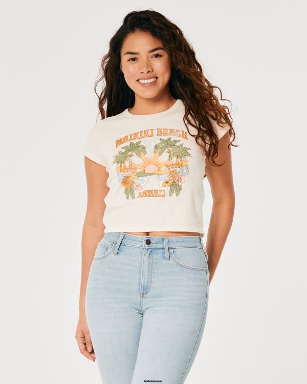 t-shirt bébé graphique décontracté waikiki beach hawaii femmes crème et orange Hollister hauts RRRJX147