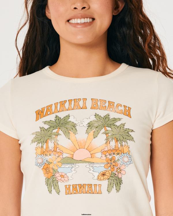 t-shirt bébé graphique décontracté waikiki beach hawaii femmes crème et orange Hollister hauts RRRJX147