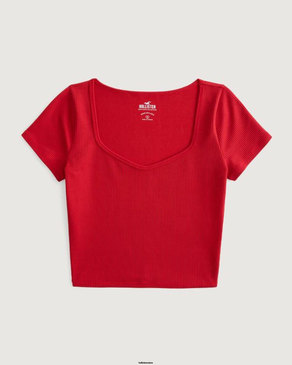 t-shirt chéri en tissu côtelé sans couture femmes rouge Hollister hauts RRRJX316