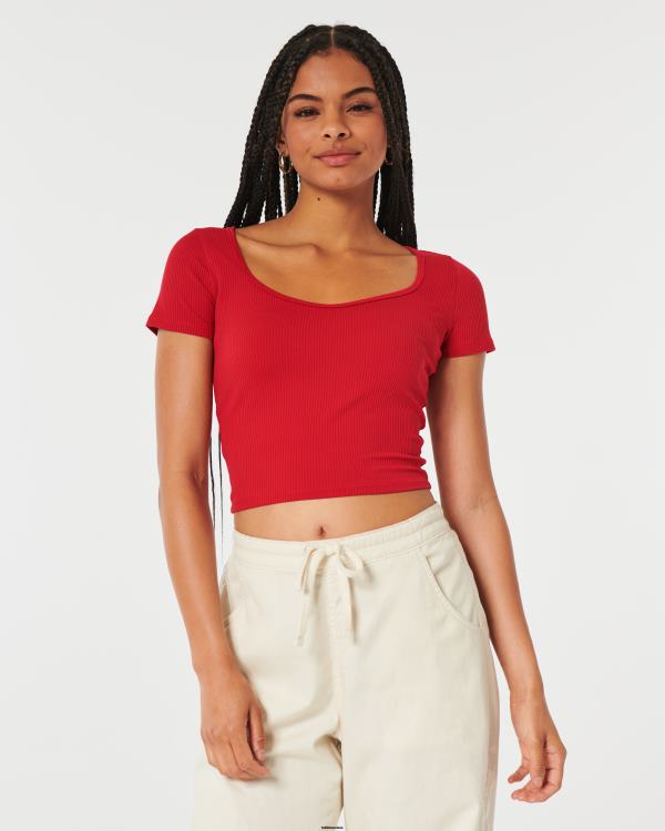 t-shirt chéri en tissu côtelé sans couture femmes rouge Hollister hauts RRRJX316