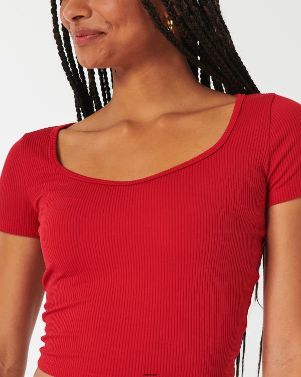 t-shirt chéri en tissu côtelé sans couture femmes rouge Hollister hauts RRRJX316