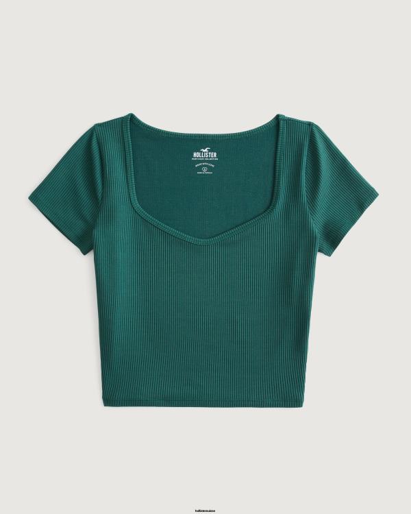 t-shirt chéri en tissu côtelé sans couture femmes vert Hollister hauts RRRJX249
